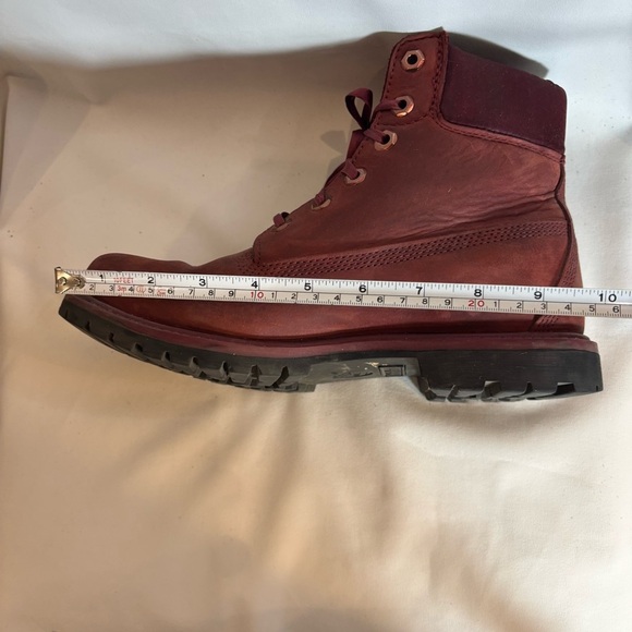 TIMBERLAND Sz 9.5 Red Leather Lace Up Boots With Satin Laces Chunky Soles - Picture 11 of 13